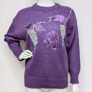 Vintage 80s Purple Sweater With Silver Beading & Embroidered Grapes